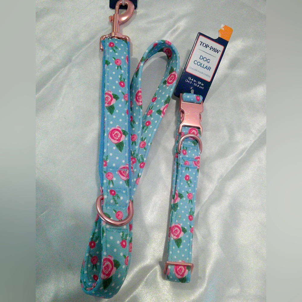 Top Paw Blue Rose Dog Collar (M) and Leash Set - Picture 2 of 5